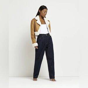 River Island crop faux shearling jacket with borg trim in light brown Size 6